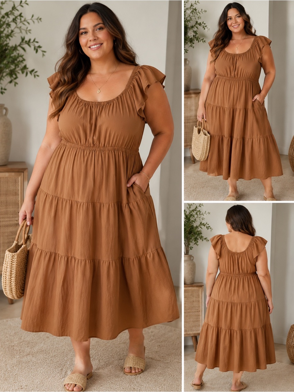 Skies Are Blue Curvy 2X Camel Brown Tiered Midi Dress Flutter Sleeve NWT